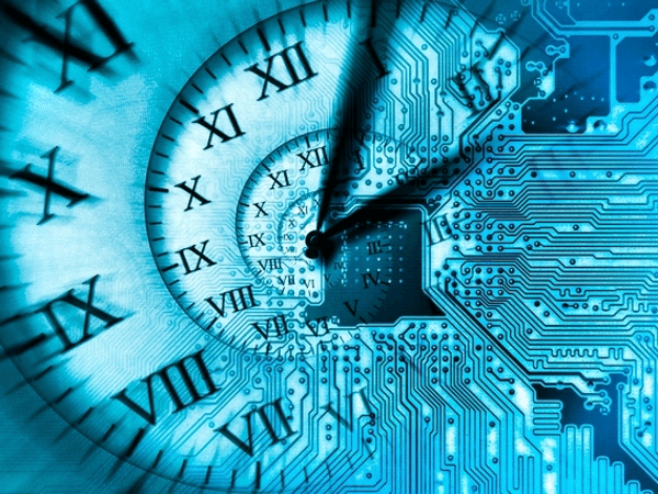 A clock displaying roman numerals on a circuit board designed for faster website.