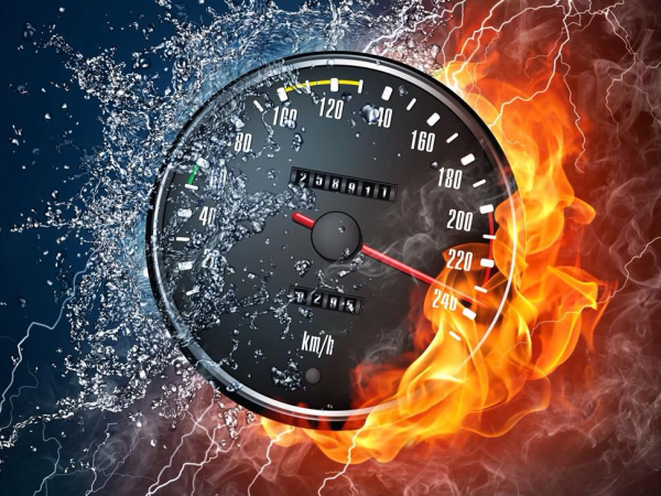 A speedometer displaying faster page speed with flames on it.