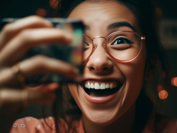 Een vrouw met een bril maakt een selfie, waarbij de gebruikerservaring prioriteit krijgt boven de paginasnelheid.