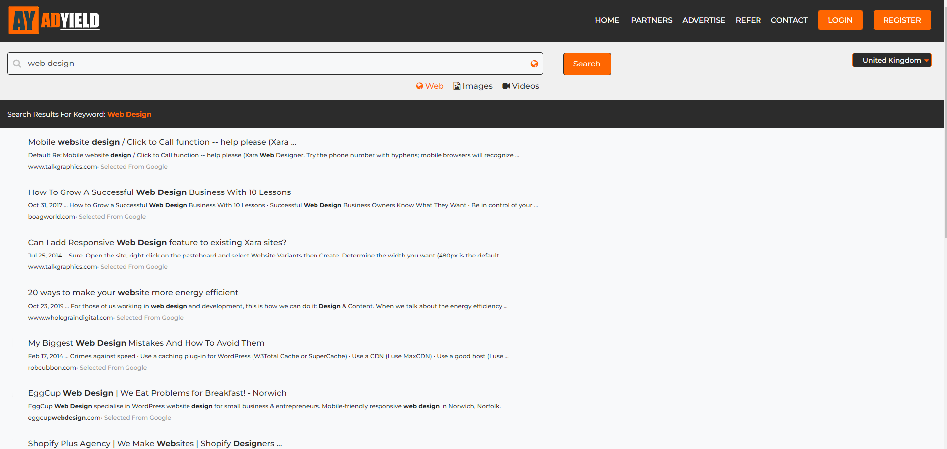Uno screenshot di un sito web con sfondo arancione ed elementi neri.