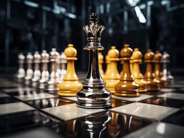Concurrentieanalyse van zilveren en gouden schaakstukken op een schaakbord.