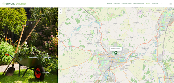 Il sito web di un giardiniere di Bedford con una carriola e una mappa per tutte le tue esigenze di giardinaggio.