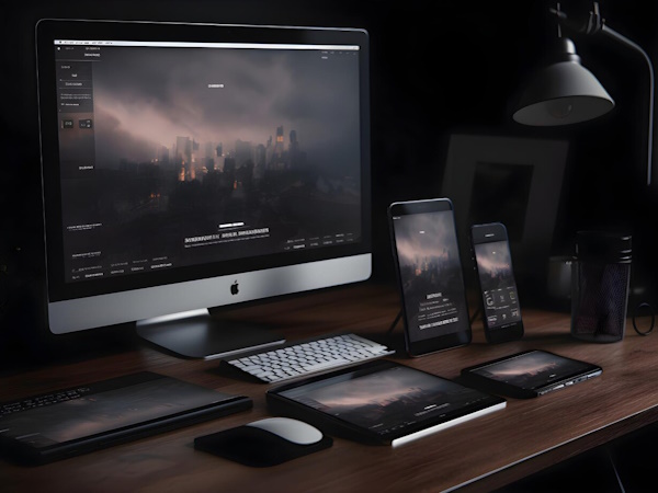A desk with a laptop, desktop computer, tablet and phone looking at the top wordpress themes.