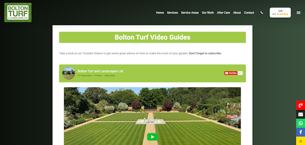 ボルトン ターフが提供する緑豊かな芝生を特集した Web サイトのスクリーン ショット。