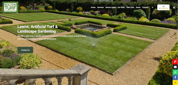 Een Bolton Turf-website waarop de landschapsdiensten van dit bedrijf worden getoond.