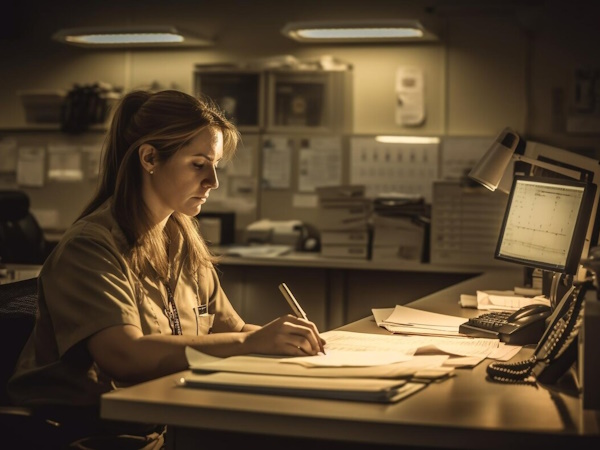 A freelance woman diligently working at a desk in a dark room.