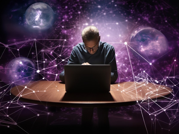 Ein Mann, der mit einem Laptop an einem Tisch vor einem faszinierenden Weltraumhintergrund sitzt, gleichermaßen beeindruckt von seiner Erhabenheit und entschlossen, seinen Google-Rang zu verbessern.