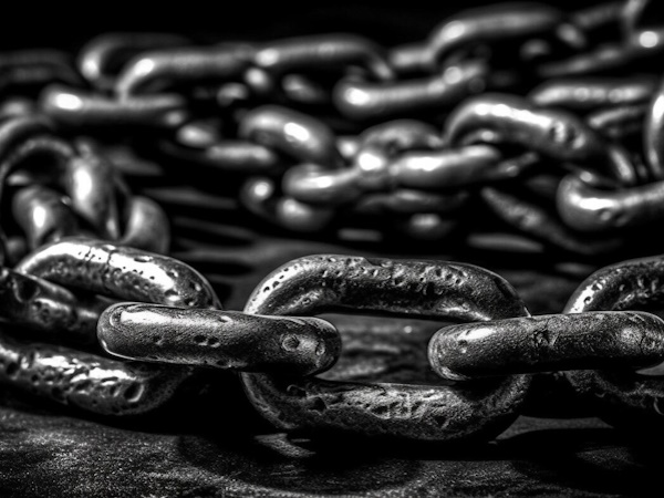 A black and white photograph of a chain, symbolizing strong link building.