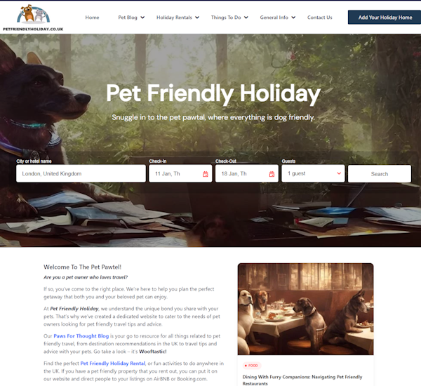 Conception de sites Web de vacances acceptant les animaux de compagnie qui s'adresse aux voyageurs avec des animaux de compagnie.