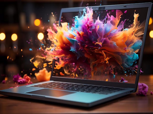 Een levendige laptop met spatten kleurrijke verf, perfect voor creatieve webontwerpprojecten.
