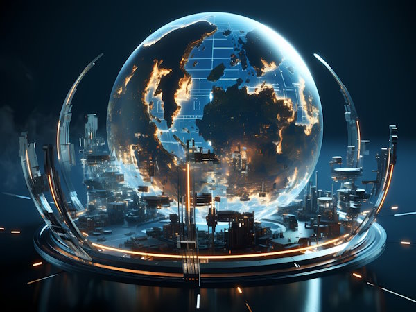 Una ciudad futurista con un globo terráqueo encima, que muestra impresionantes imágenes para el mantenimiento del sitio web.