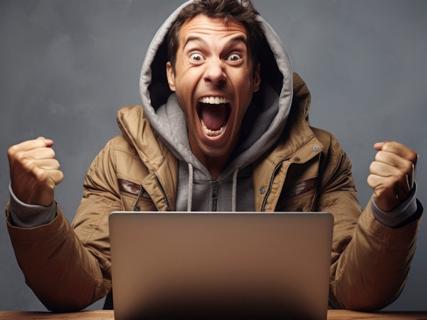 Een man in een jasje met capuchon, met zijn mond open en handen omhoog, viert passerende vitale webfuncties.
