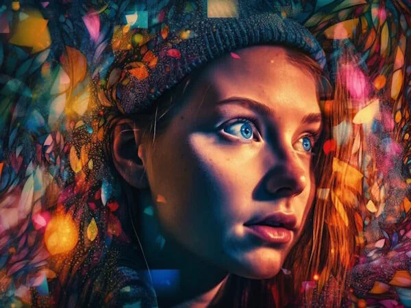 Une conception Web vibrante présentant un visage de femme immergé dans des confettis colorés.