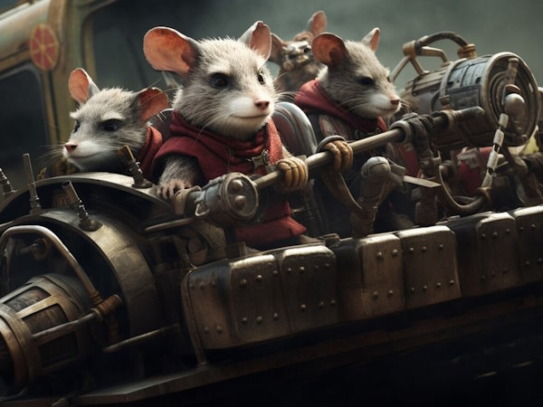 Un groupe de rats montant à bord d'un train à vapeur propulsé par un nitropack.