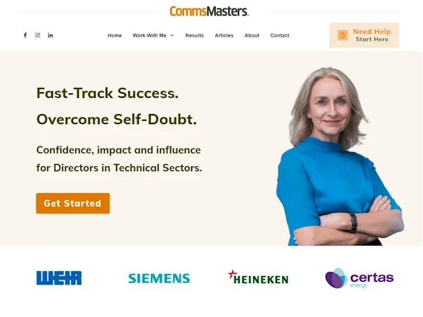 Página de inicio del sitio web para maestros de comunicaciones que presenta a una mujer profesional segura de sí misma con los brazos cruzados, que promueve servicios para acelerar el éxito y superar las dudas.