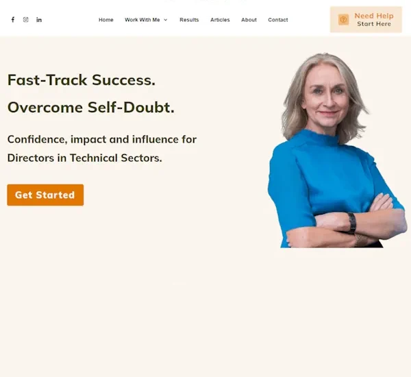 Professional woman with confident stance promoting commsmasters' services for overcoming self-doubt to foster confidence, impact, and influence in technical sectors.