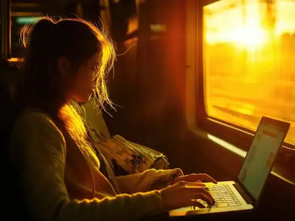 A woman works on web design on her laptop aboard a train as the warm glow of a sunset bathes the interior in golden light.