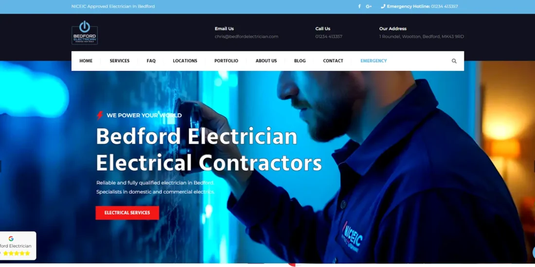Screenshot of the Bedford Electrician website, featuring a qualified Bedford Electrician at work on an electrical panel. Navigation menus, contact details, and service buttons are visible, emphasizing expert electrical services in Bedford.