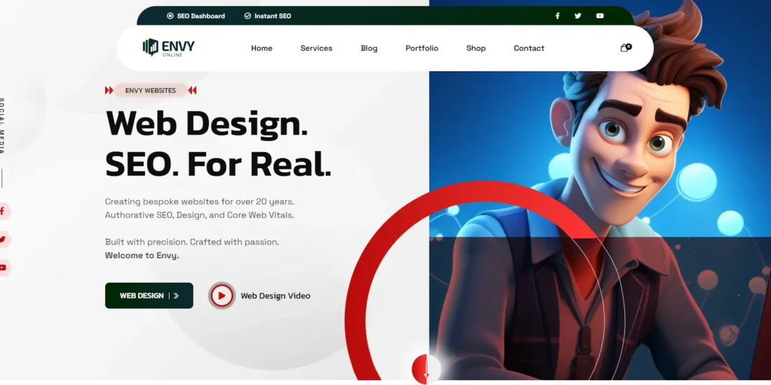 Screenshot of an Envy Websites agency homepage featuring bold text “Web Design. SEO. For Real.” and a 3D animated character with dark hair smiling on the right. The menu bar includes Home, Services, Blog, Portfolio, Shop, and Contact.