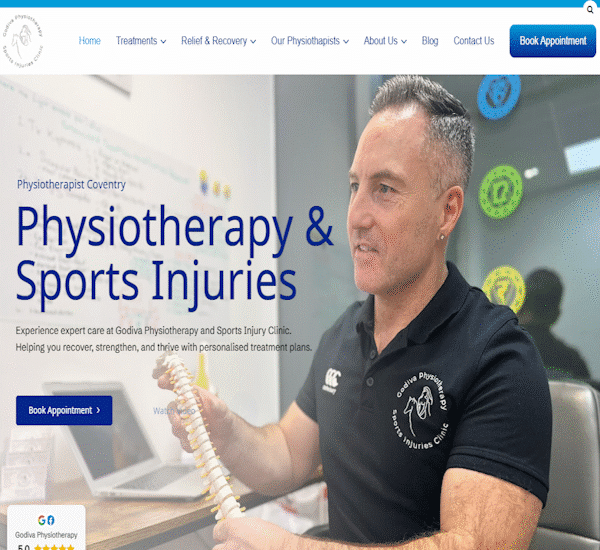 A physiotherapist in a black polo shirt holds a model spine and gestures while speaking at Godiva Physiotherapy. The clinic website highlights "Physiotherapy & Sports Injuries" services, with options to book an appointment and view ratings visible.