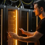 Technician examining server racks with illuminated panels in a data center.