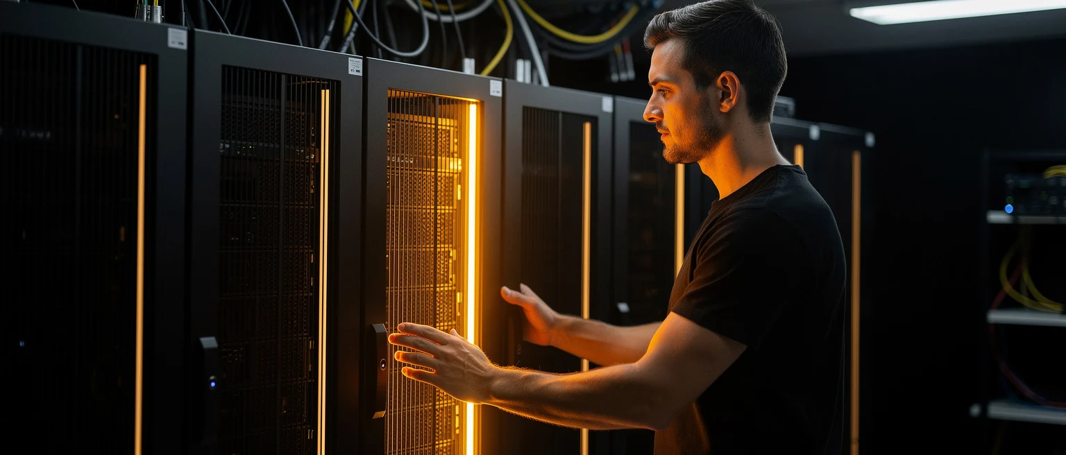 Technician examining server racks with illuminated panels in a data center.