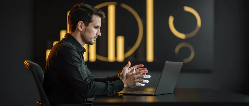 Man in black shirt sitting at desk with laptop, gesturing while speaking, with gold circular shapes visible on dark backgroun
