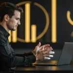 Man in black shirt sitting at desk with laptop, gesturing while speaking, with gold circular shapes visible on dark backgroun