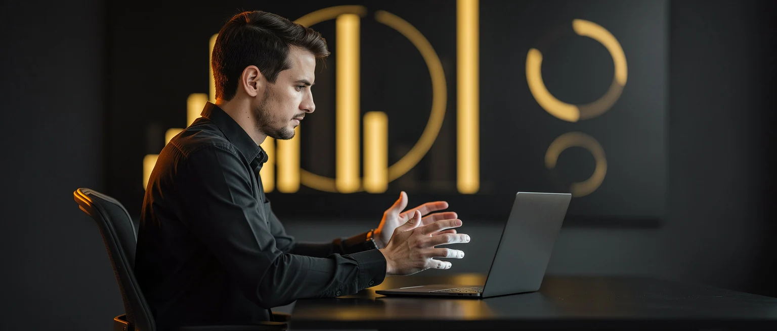 Man in black shirt sitting at desk with laptop, gesturing while speaking, with gold circular shapes visible on dark backgroun