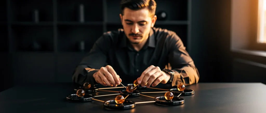 Man arranging connected nodes with amber spheres on a dark table in a dimly lit room.