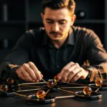 Man arranging connected nodes with amber spheres on a dark table in a dimly lit room.