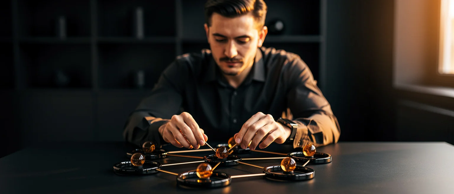 Man arranging connected nodes with amber spheres on a dark table in a dimly lit room.