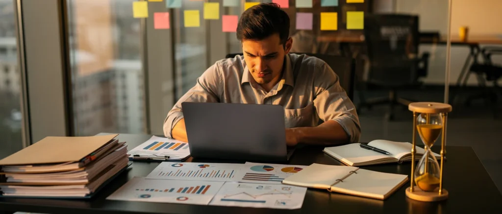 Man in business casual shirt working on laptop at desk surrounded by documents and charts in a modern office.