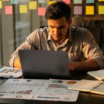 Man in business casual shirt working on laptop at desk surrounded by documents and charts in a modern office.
