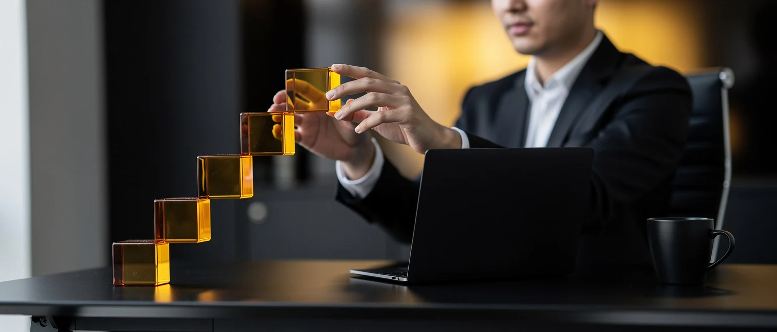 Businessman in suit carefully stacking amber-colored glass cubes at a desk with a laptop.