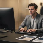 Man in gray blazer working at computer desk with color swatches, blurred figures visible in background.