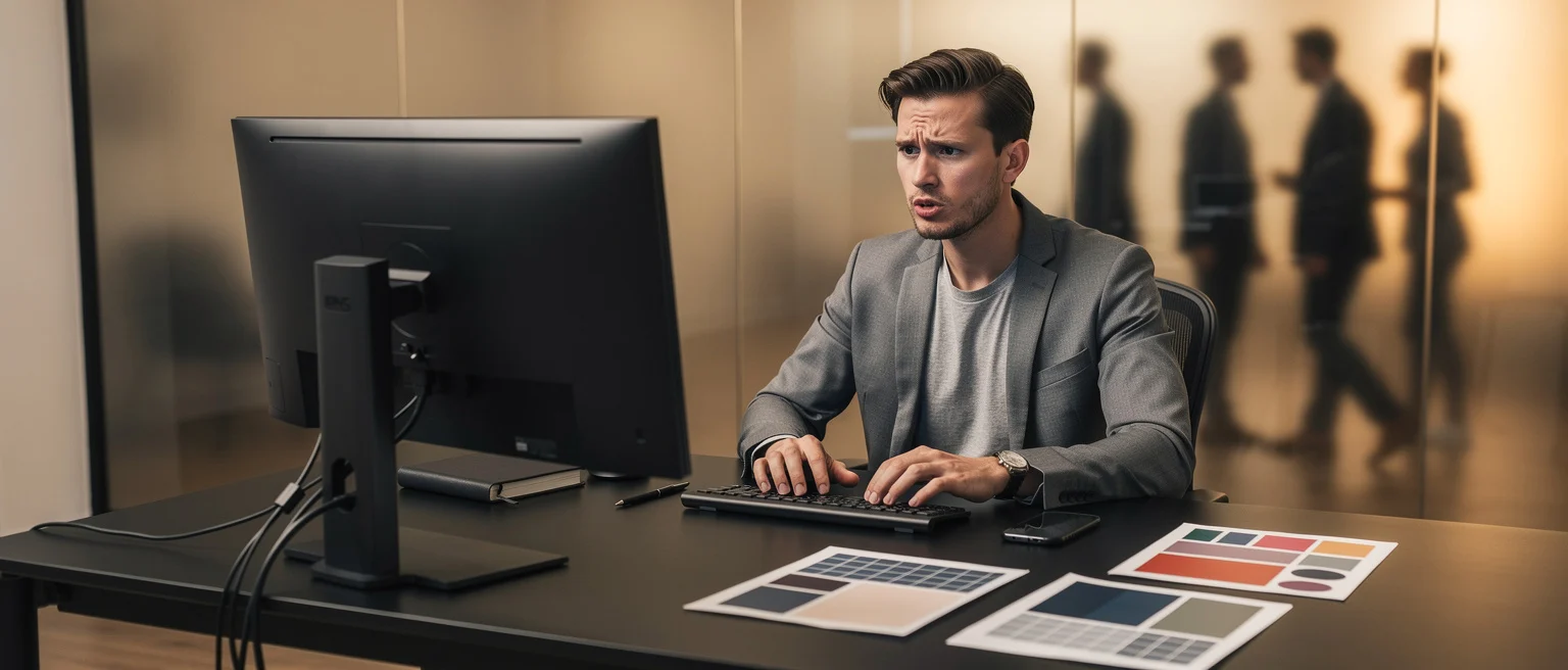 Man in gray blazer working at computer desk with color swatches, blurred figures visible in background.