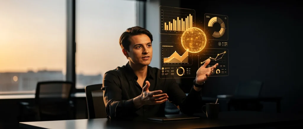 Professional presenting holographic data visualizations with charts and a glowing sphere in a high-rise office.