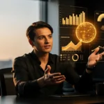 Professional presenting holographic data visualizations with charts and a glowing sphere in a high-rise office.
