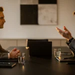 Two businessmen having a discussion at a conference table with laptops and water glasses.