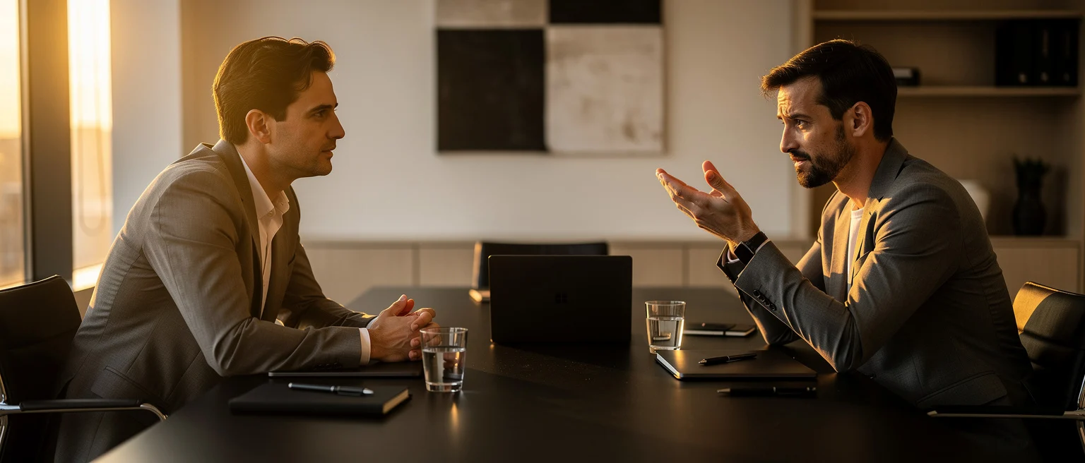 Two businessmen having a discussion at a conference table with laptops and water glasses.