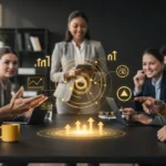 Business team gathered around a table with glowing holographic charts and analytics projections displayed.