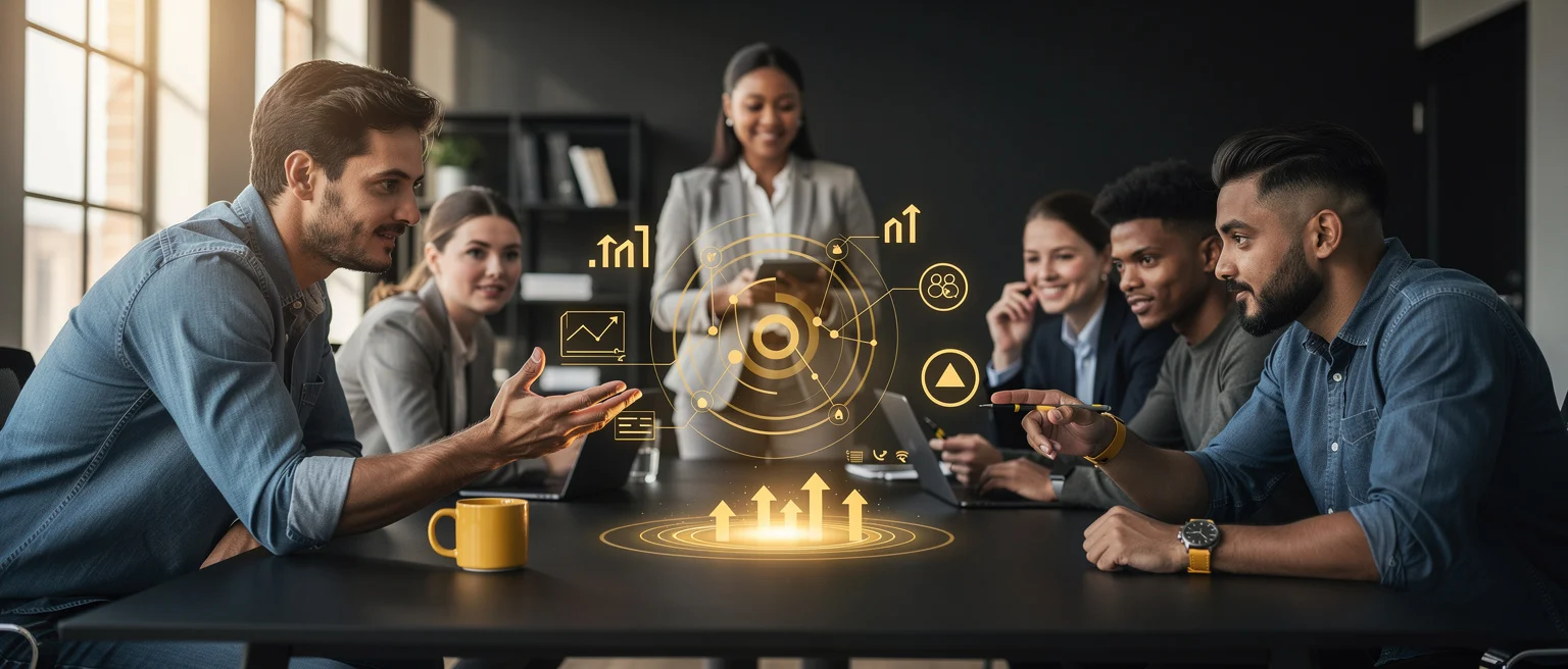 Business team gathered around a table with glowing holographic charts and analytics projections displayed.