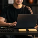 Person in black shirt working at laptop surrounded by books, hourglass, nails, and amber glass objects on dark desk.