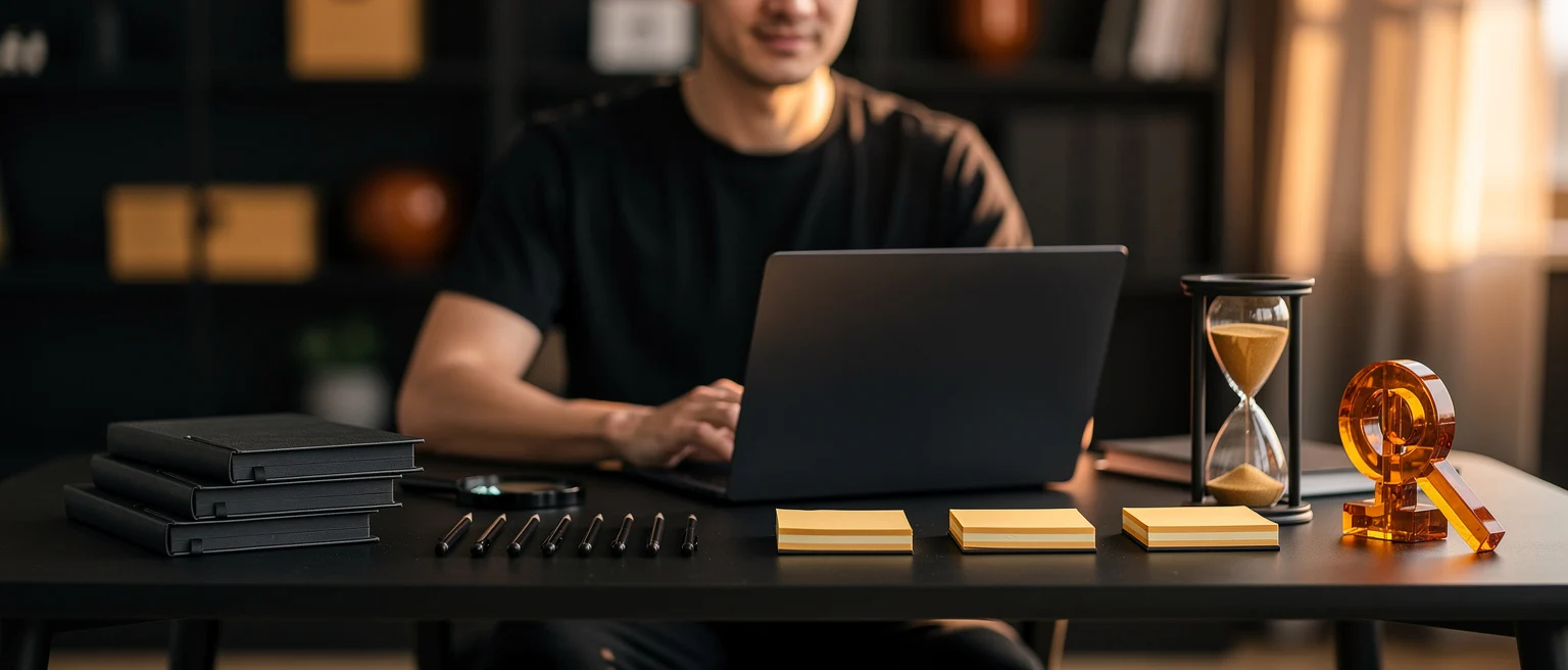 Person in black shirt working at laptop surrounded by books, hourglass, nails, and amber glass objects on dark desk.