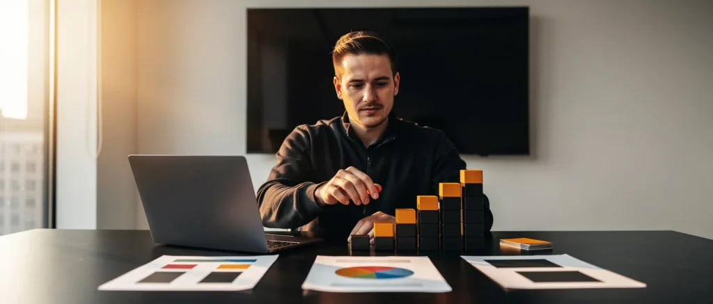 Man in black hoodie analyzing business charts and stacked blocks at desk with laptop and papers.