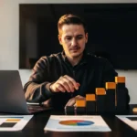 Man in black hoodie analyzing business charts and stacked blocks at desk with laptop and papers.