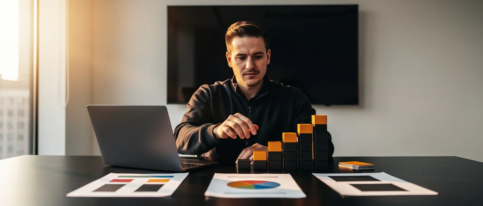 Man in black hoodie analyzing business charts and stacked blocks at desk with laptop and papers.