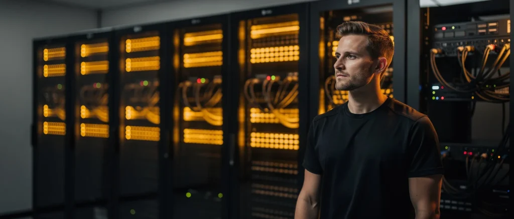Man in black shirt standing in data center with illuminated server racks and indicator lights.