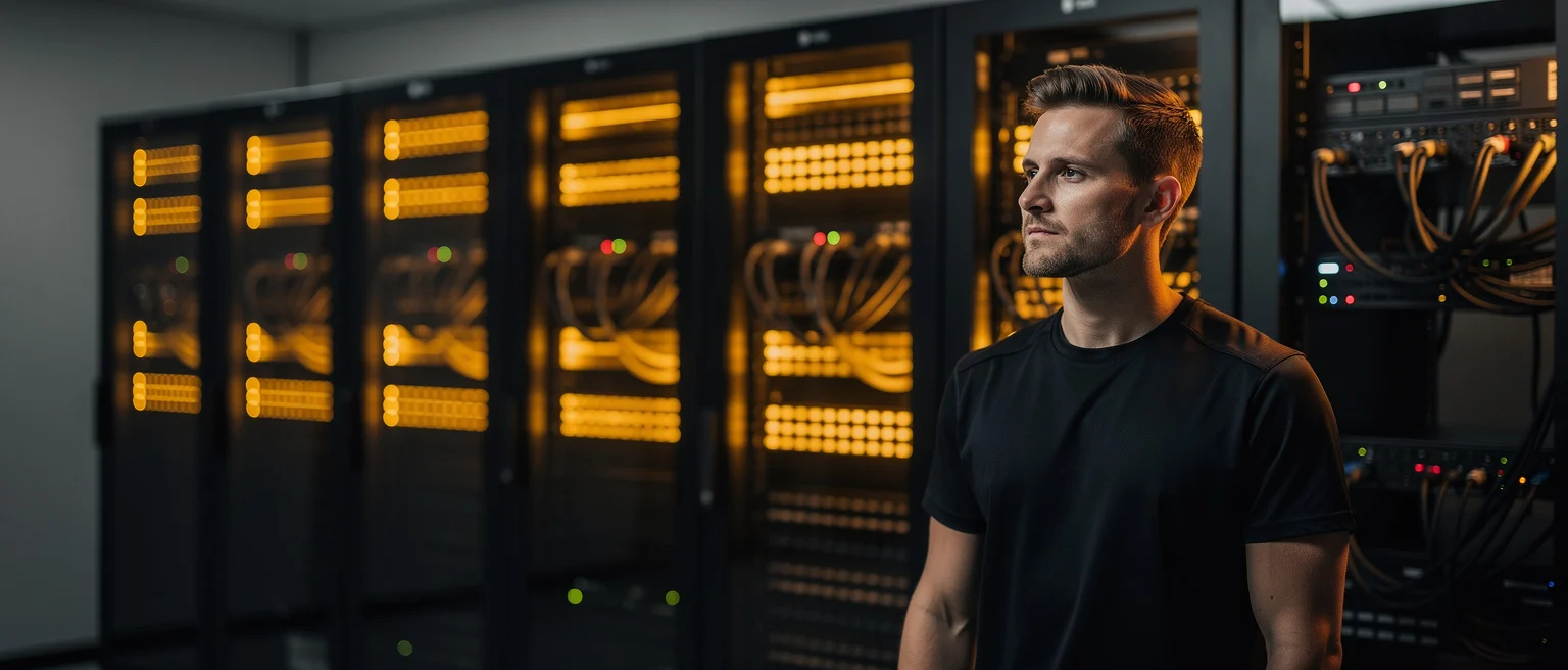 Man in black shirt standing in data center with illuminated server racks and indicator lights.